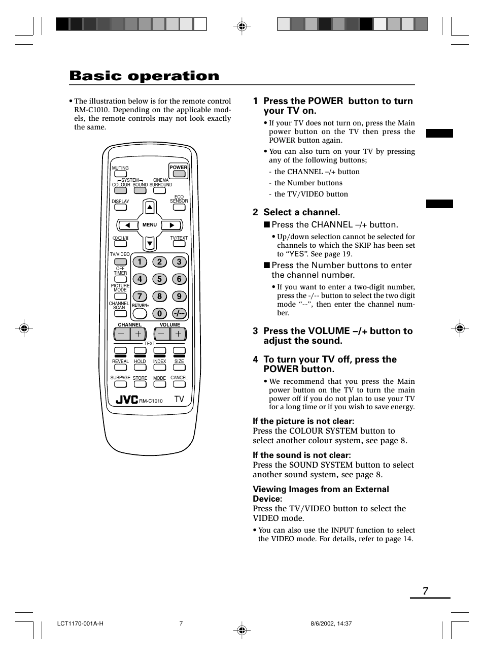 Basic operation, 1 press the power button to turn your tv on, 2 select a channel | JVC AV-21WX3 User Manual | Page 7 / 112