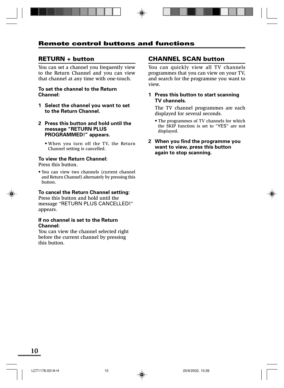 Return + button, Channel scan button | JVC AV-21WX3 User Manual | Page 74 / 112