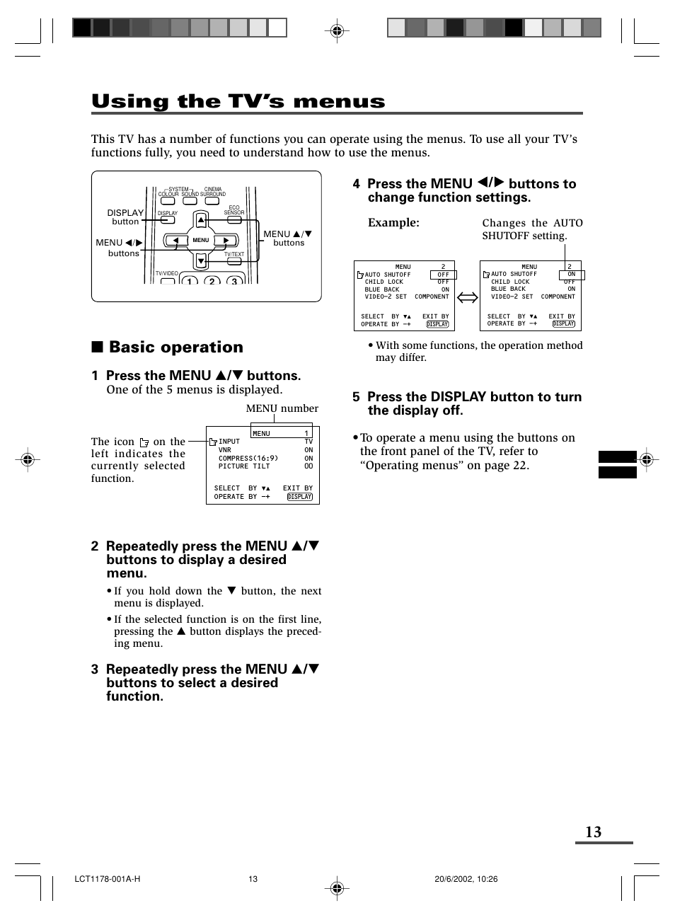 Using the tv’s menus, Basic operation, 5 press the display button to turn the display off | 1 press the menu t buttons, Example, One of the 5 menus is displayed | JVC AV-21WX3 User Manual | Page 77 / 112