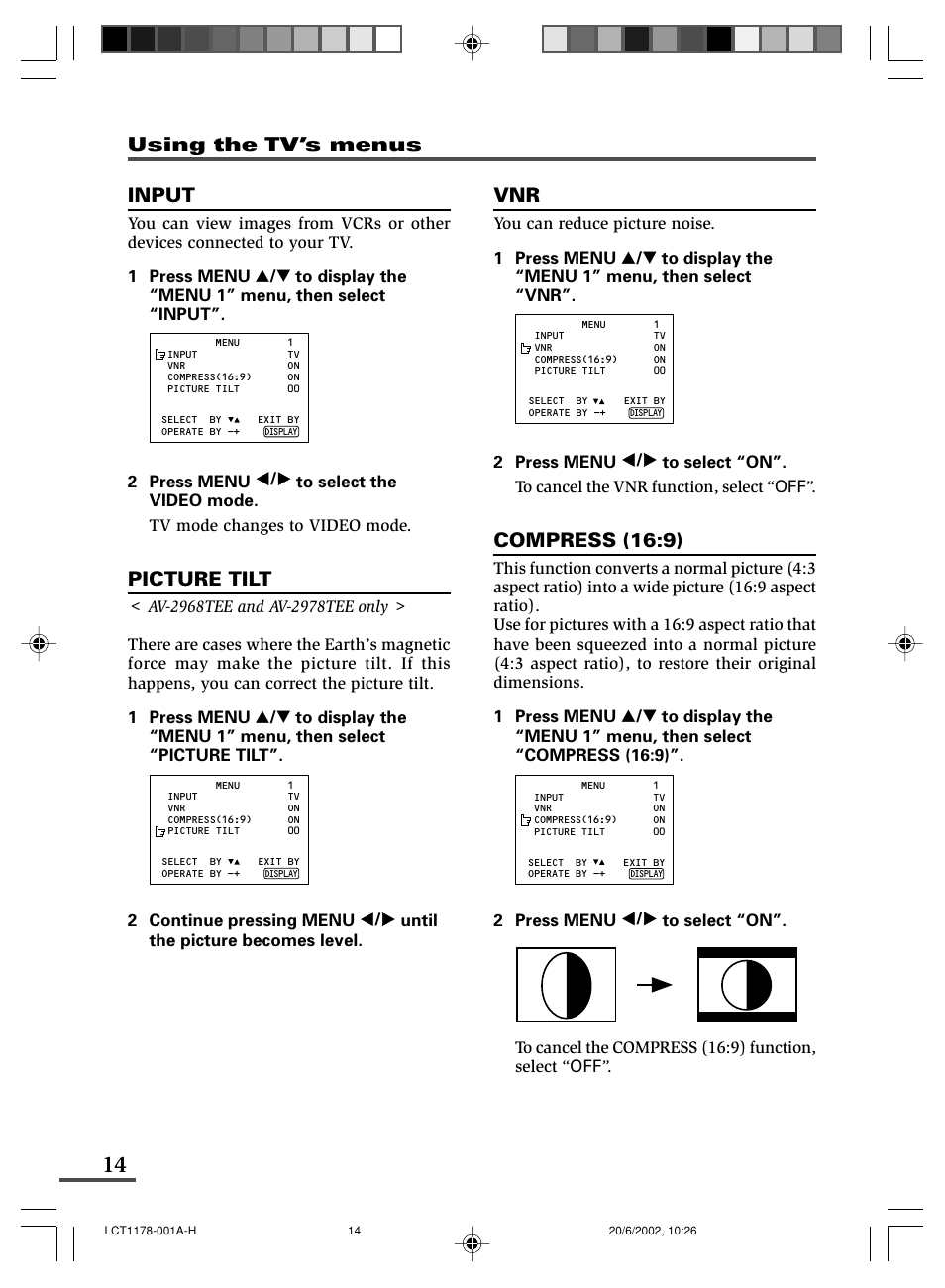 Input, Picture tilt, Compress (16:9) | Using the tv’s menus | JVC AV-21WX3 User Manual | Page 78 / 112