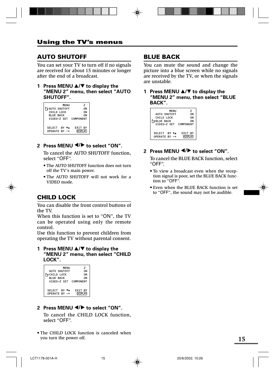 Auto shutoff, Child lock, Blue back | Using the tv’s menus | JVC AV-21WX3 User Manual | Page 79 / 112