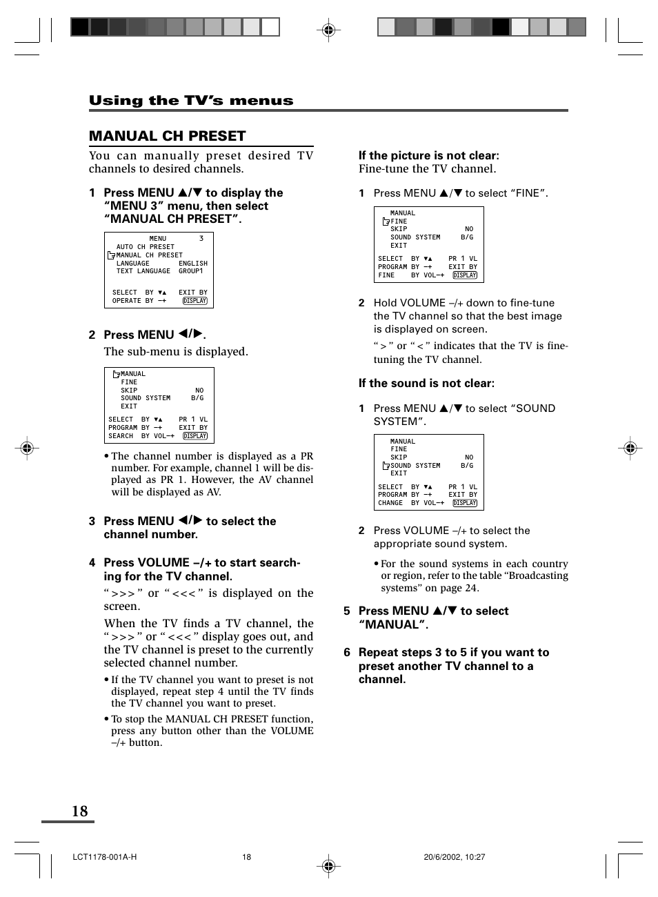 Manual ch preset, Using the tv’s menus | JVC AV-21WX3 User Manual | Page 82 / 112