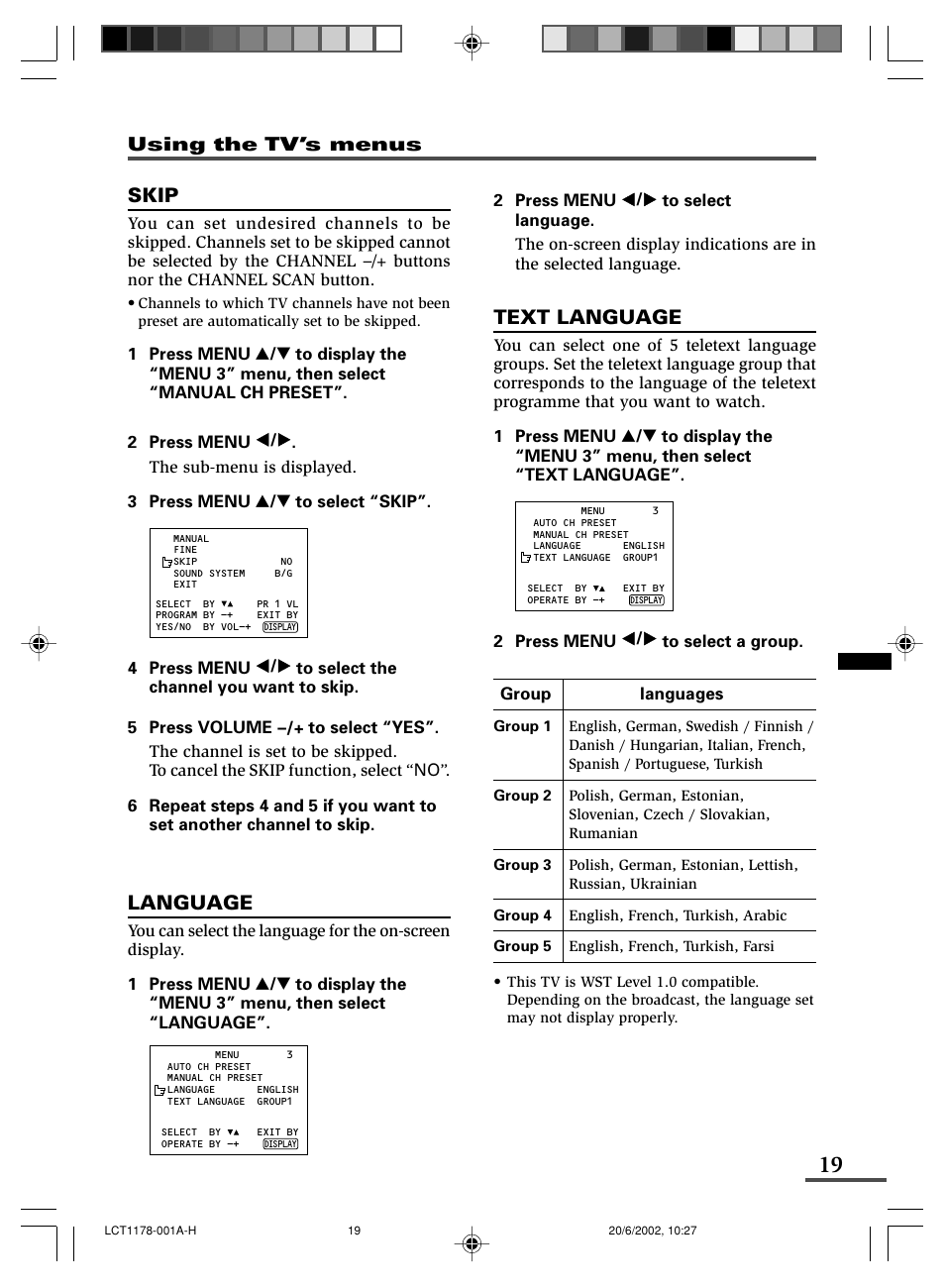 Skip, Language, Text language | Using the tv’s menus | JVC AV-21WX3 User Manual | Page 83 / 112