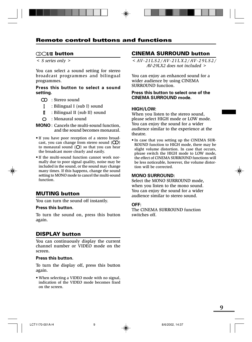 Button, Muting button, Display button | Cinema surround button | JVC AV-21WX3 User Manual | Page 9 / 112