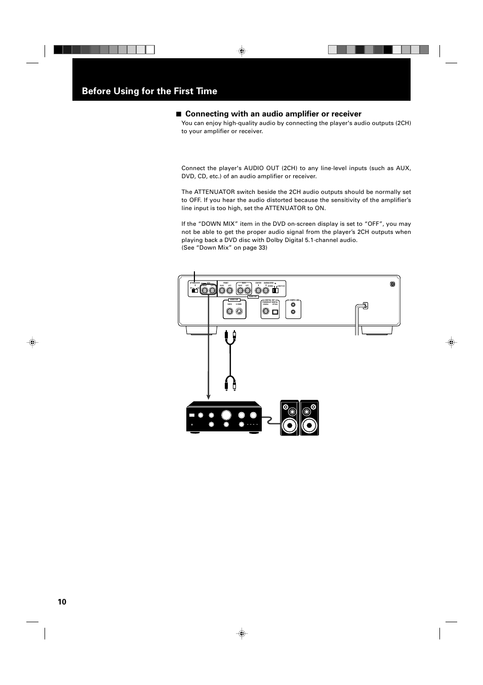 Before using for the first time, 7 connecting with an audio amplifier or receiver, Amplifier or receiver | Xv-d2000bk, Audio cable (supplied) attenuator switch | JVC XV-D2000BK User Manual | Page 12 / 68