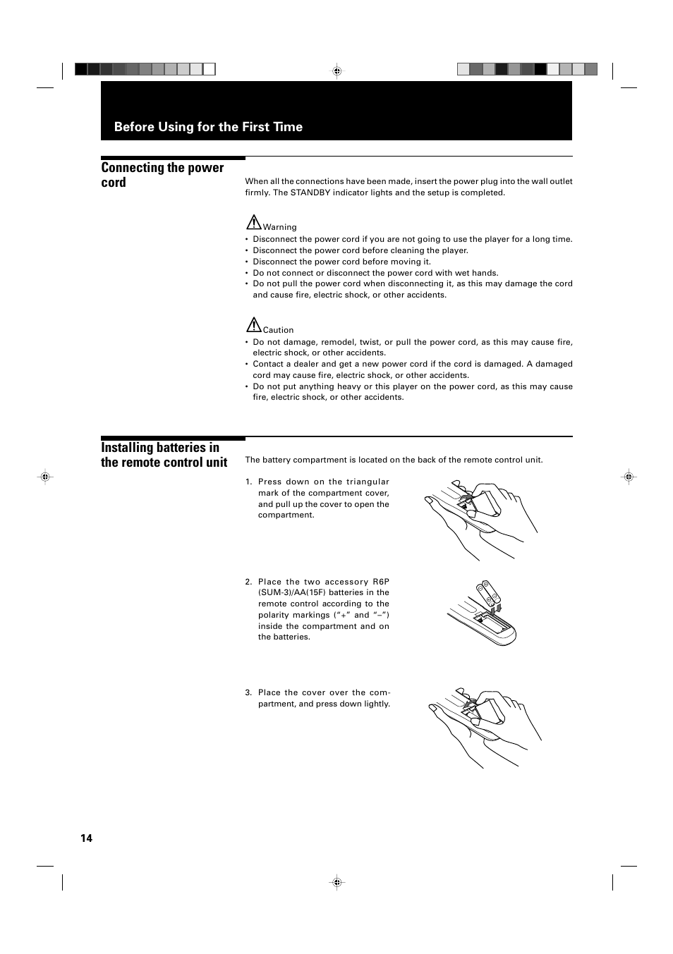 Connecting the power cord, Installing batteries in the remote control unit, Before using for the first time | JVC XV-D2000BK User Manual | Page 16 / 68