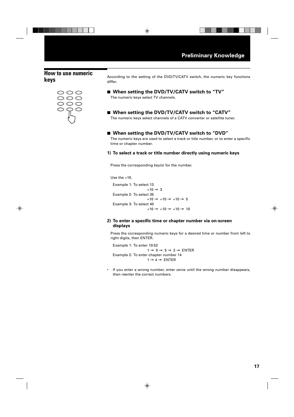 How to use numeric keys, Preliminary knowledge, 7 when setting the dvd/tv/catv switch to “tv | 7 when setting the dvd/tv/catv switch to “catv, 7 when setting the dvd/tv/catv switch to “dvd | JVC XV-D2000BK User Manual | Page 19 / 68