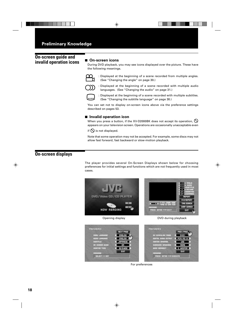 On-screen guide and invalid operation icons, On-screen displays, Preliminary knowledge | JVC XV-D2000BK User Manual | Page 20 / 68