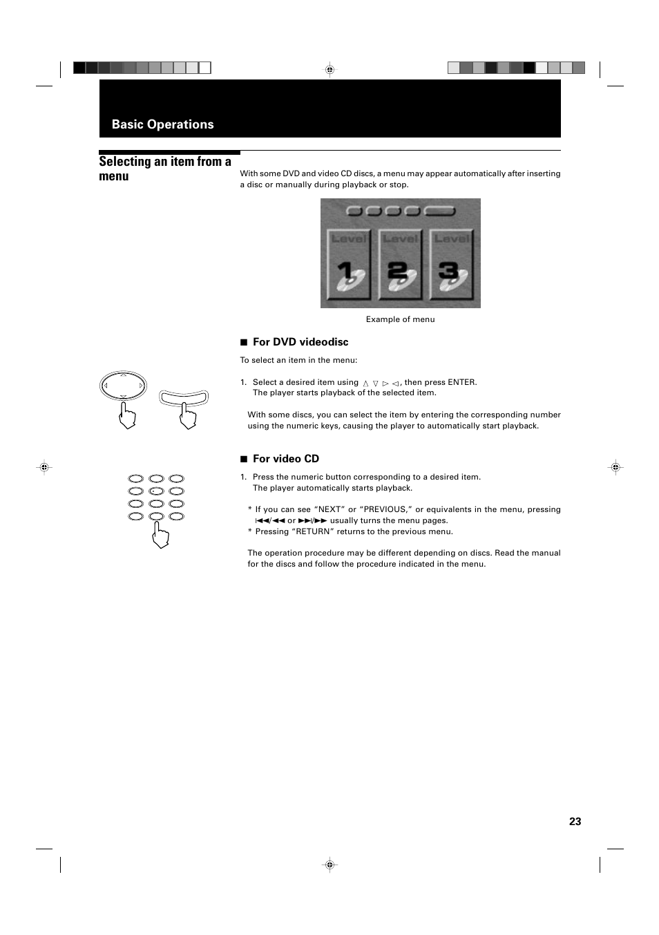 Selecting an item from a menu, Basic operations, 7 for dvd videodisc | 7 for video cd | JVC XV-D2000BK User Manual | Page 25 / 68