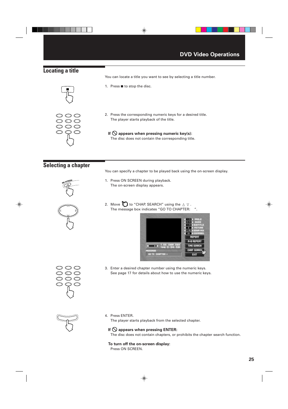 Locating a title, Selecting a chapter, Dvd video operations | If appears when pressing numeric key(s), If appears when pressing enter | JVC XV-D2000BK User Manual | Page 27 / 68