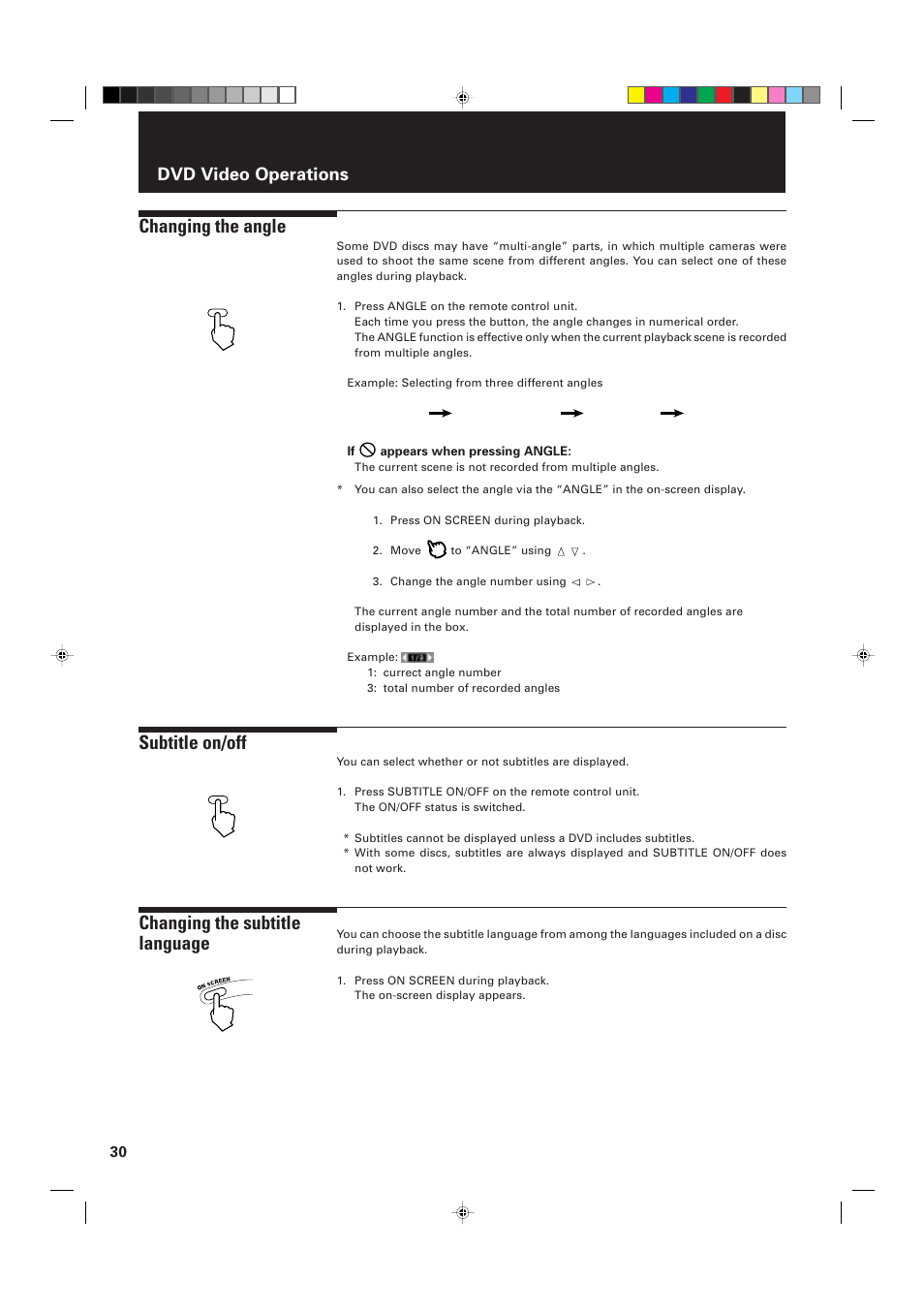 Changing the angle, Subtitle on/off, Changing the subtitle language | Dvd video operations | JVC XV-D2000BK User Manual | Page 32 / 68