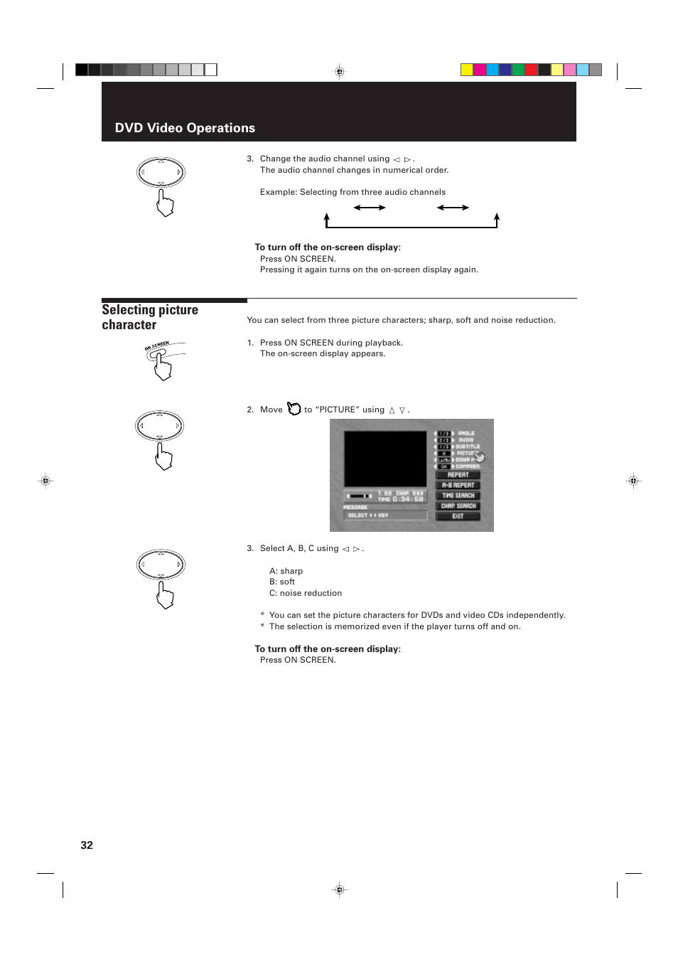 Selecting picture character, Dvd video operations | JVC XV-D2000BK User Manual | Page 34 / 68