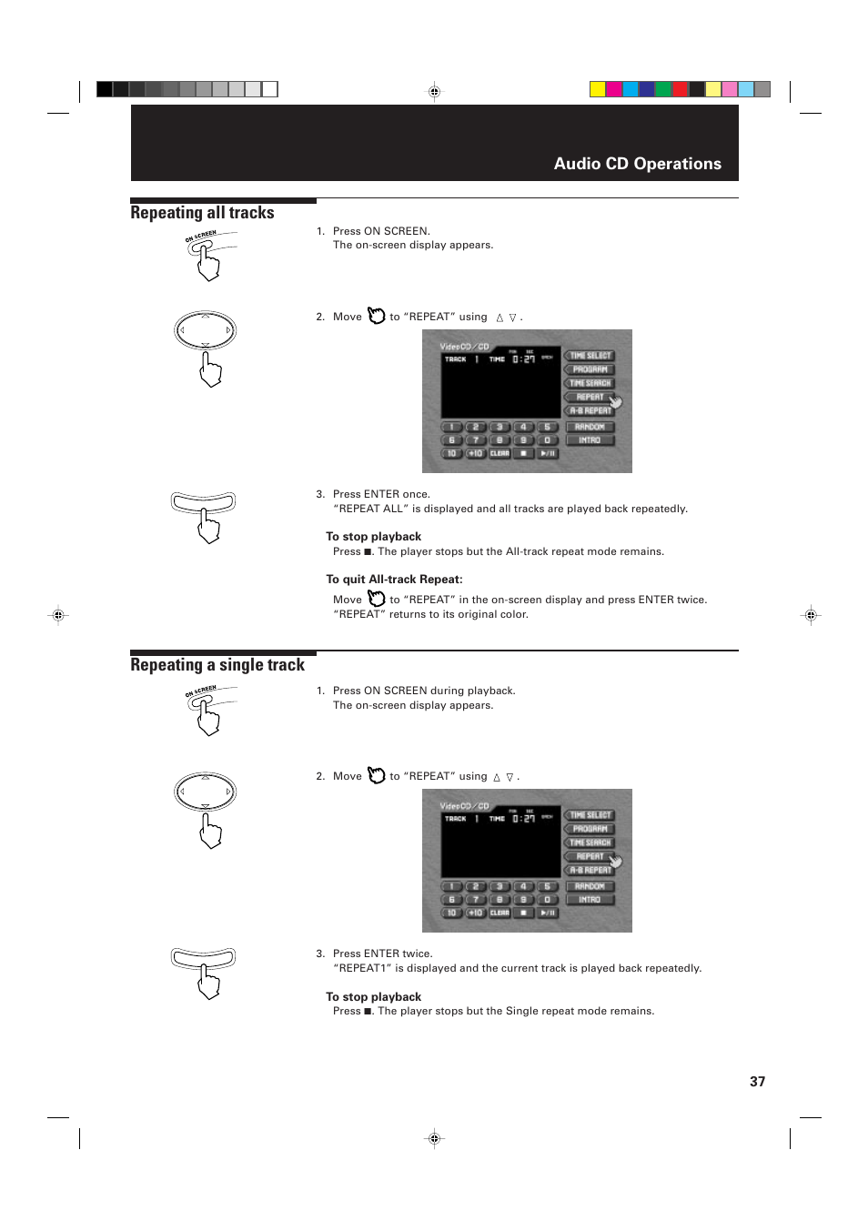 Repeating all tracks, Repeating a single track, Audio cd operations | JVC XV-D2000BK User Manual | Page 39 / 68