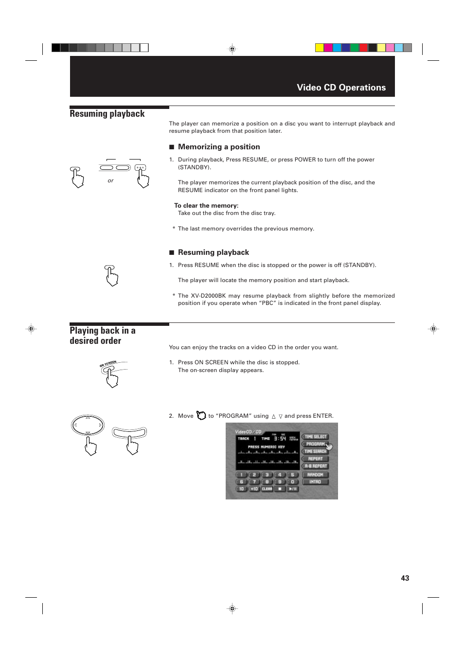 Resuming playback, Playing back in a desired order, Video cd operations | 7 resuming playback | JVC XV-D2000BK User Manual | Page 45 / 68