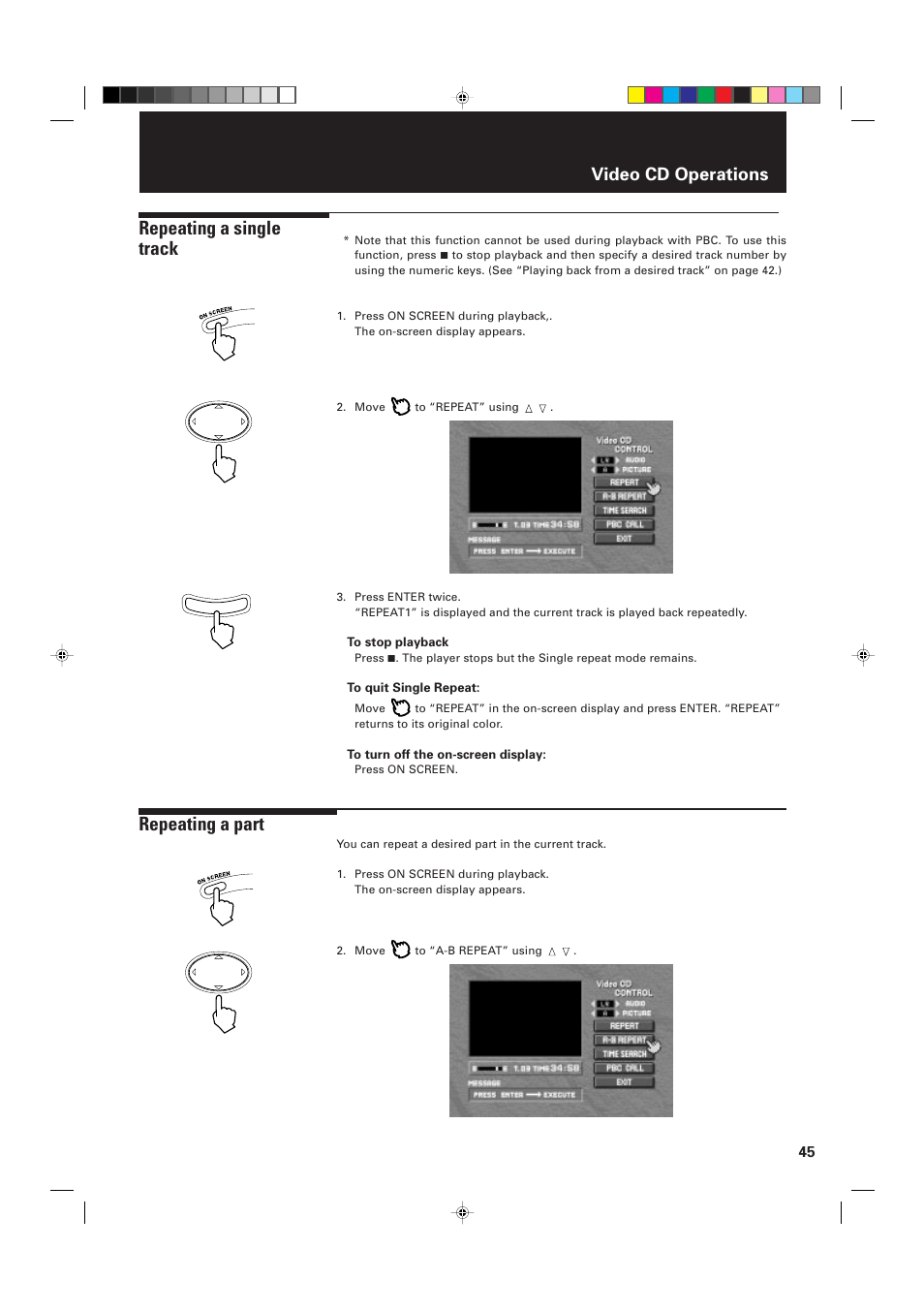 Repeating a single track, Repeating a part, Video cd operations | JVC XV-D2000BK User Manual | Page 47 / 68