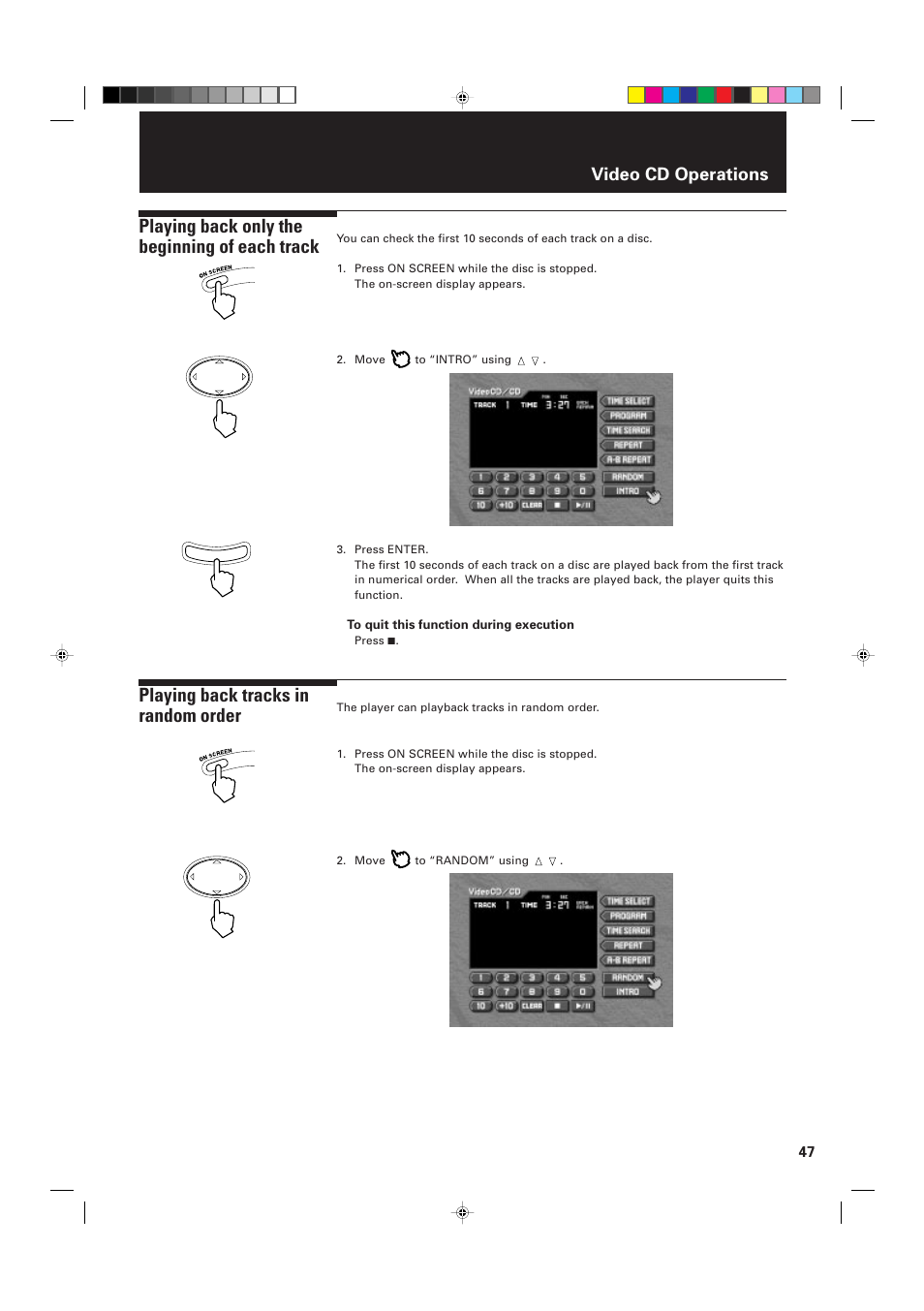 Playing back only the beginning of each track, Playing back tracks in random order, Video cd operations | JVC XV-D2000BK User Manual | Page 49 / 68