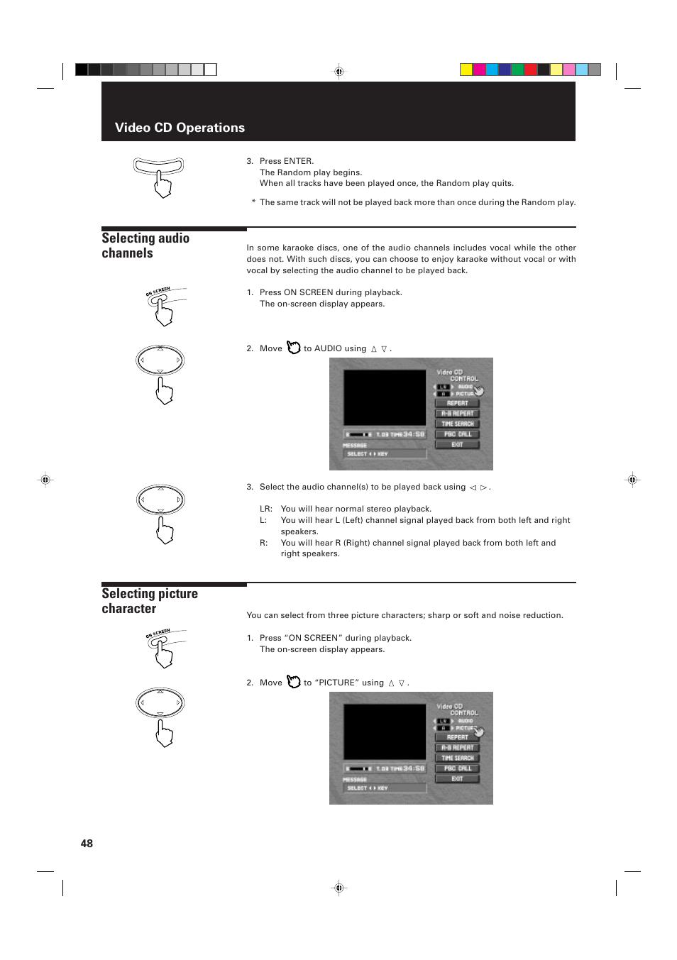 Selecting audio channels, Selecting picture character, Video cd operations | JVC XV-D2000BK User Manual | Page 50 / 68