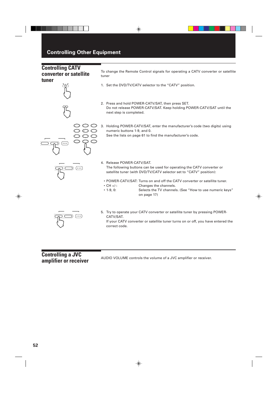 Controlling catv converter or satellite tuner, Controlling a jvc amplifier or receiver, Controlling other equipment | JVC XV-D2000BK User Manual | Page 54 / 68