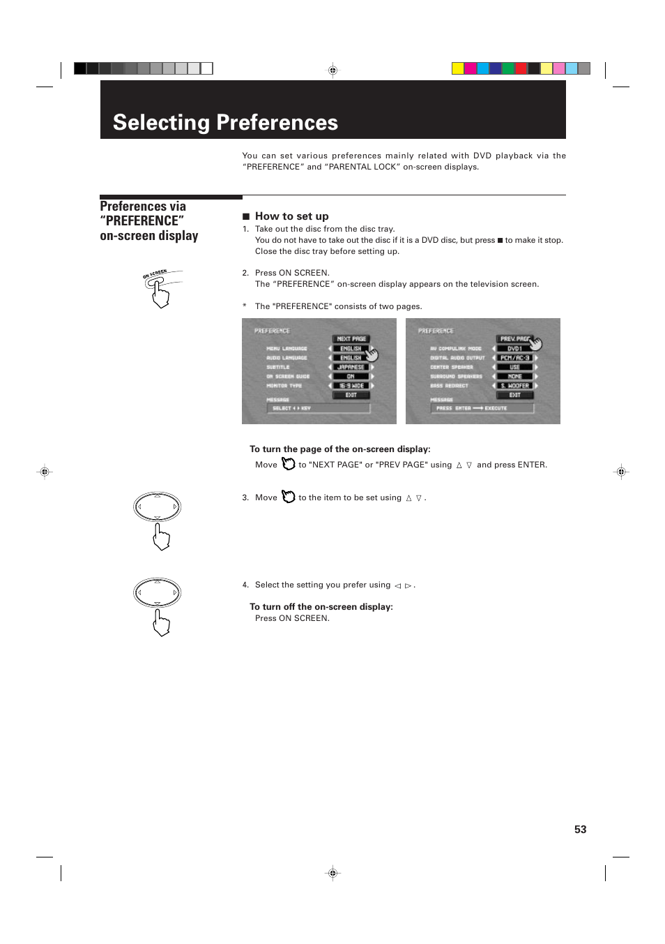 Selecting preferences, Preferences via “preference” on-screen display, 7 how to set up | JVC XV-D2000BK User Manual | Page 55 / 68