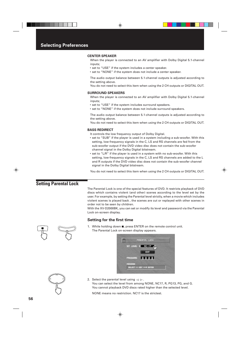 Setting parental lock, Selecting preferences, Setting for the first time | JVC XV-D2000BK User Manual | Page 58 / 68