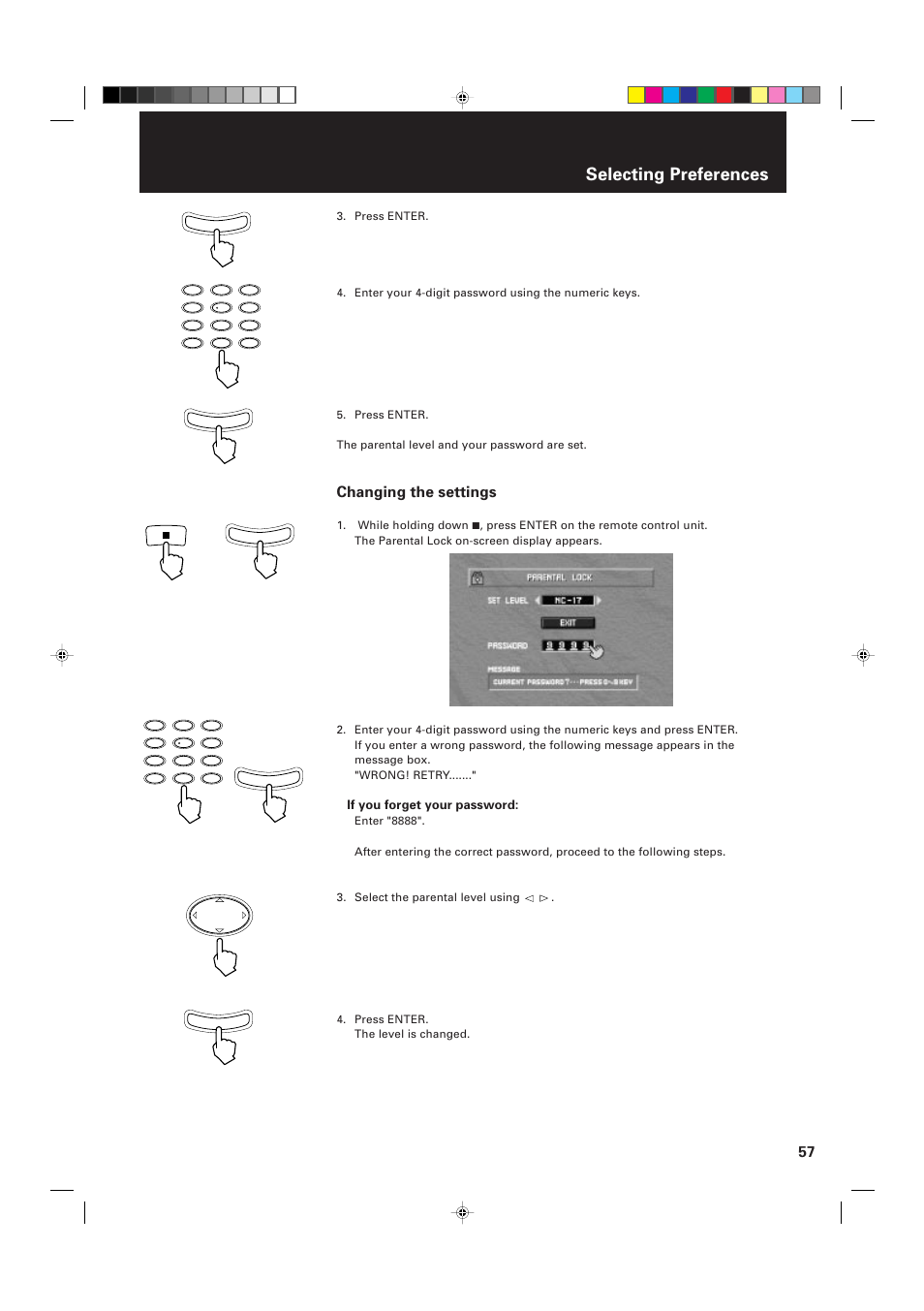 Selecting preferences, Changing the settings, If you forget your password | JVC XV-D2000BK User Manual | Page 59 / 68