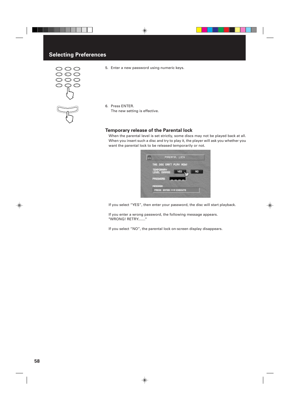 Selecting preferences, Temporary release of the parental lock | JVC XV-D2000BK User Manual | Page 60 / 68