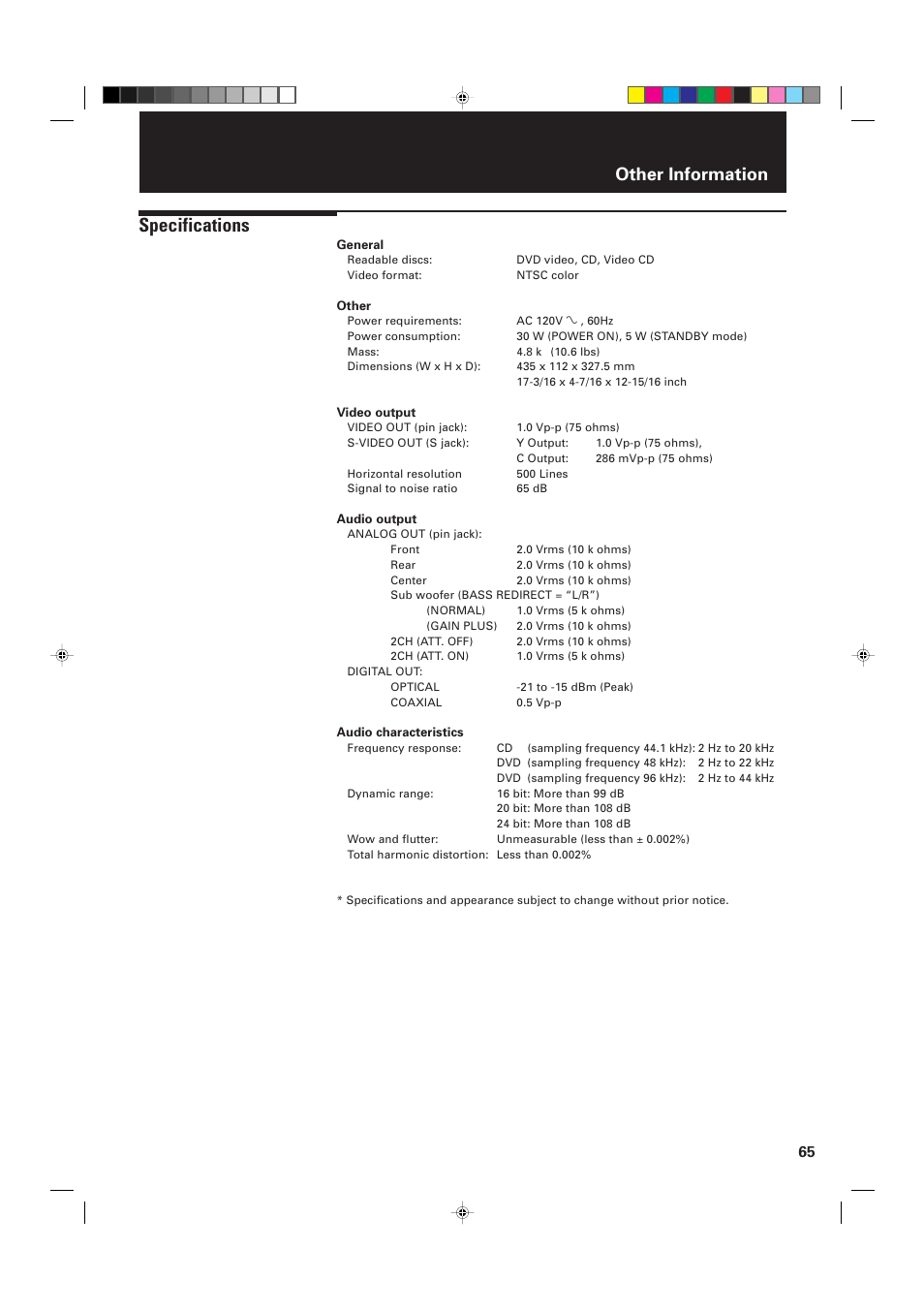 Specifications, Other information | JVC XV-D2000BK User Manual | Page 67 / 68