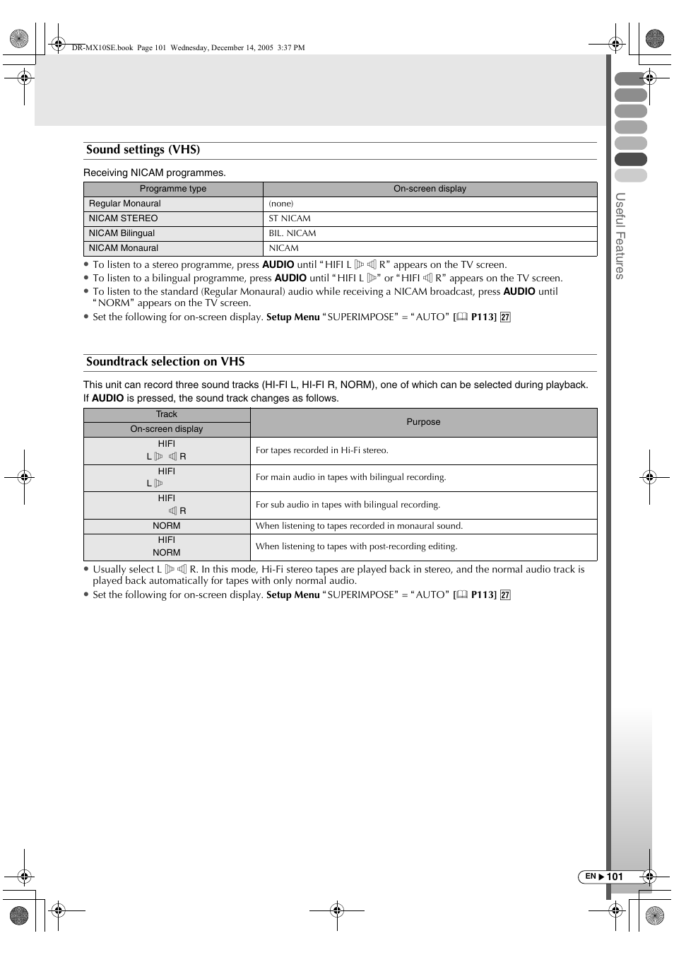 Usef ul f eature s, Sound settings (vhs), Soundtrack selection on vhs | JVC DR-MX10SEK User Manual | Page 101 / 128