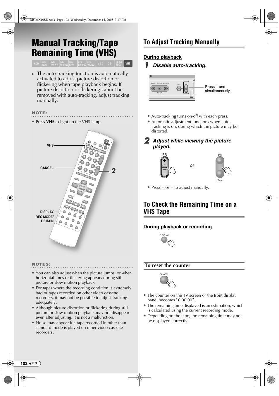 Manual tracking/tape remaining time (vhs), To adjust tracking manually, To check the remaining time on a vhs tape | Abcdefghil m | JVC DR-MX10SEK User Manual | Page 102 / 128