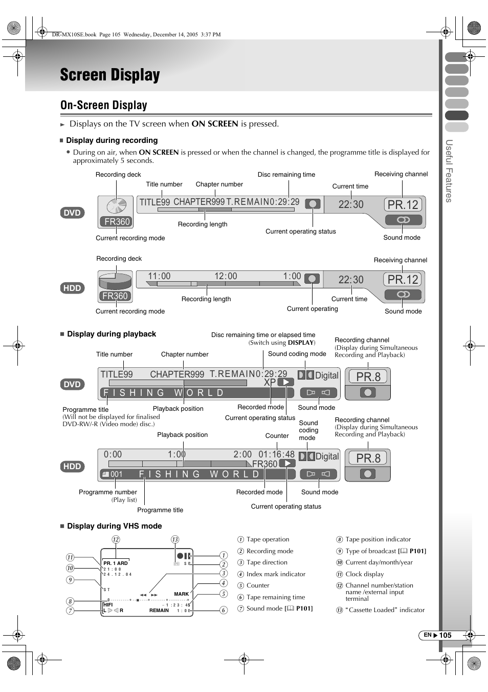 Screen display, On-screen display, Pr.12 | Pr.12 pr.8 pr.8, 00 digital, Digital, Fr360, Usef ul f eature s | JVC DR-MX10SEK User Manual | Page 105 / 128