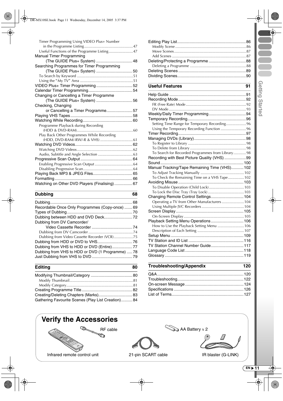 Verify the accessories, Getting star ted | JVC DR-MX10SEK User Manual | Page 11 / 128