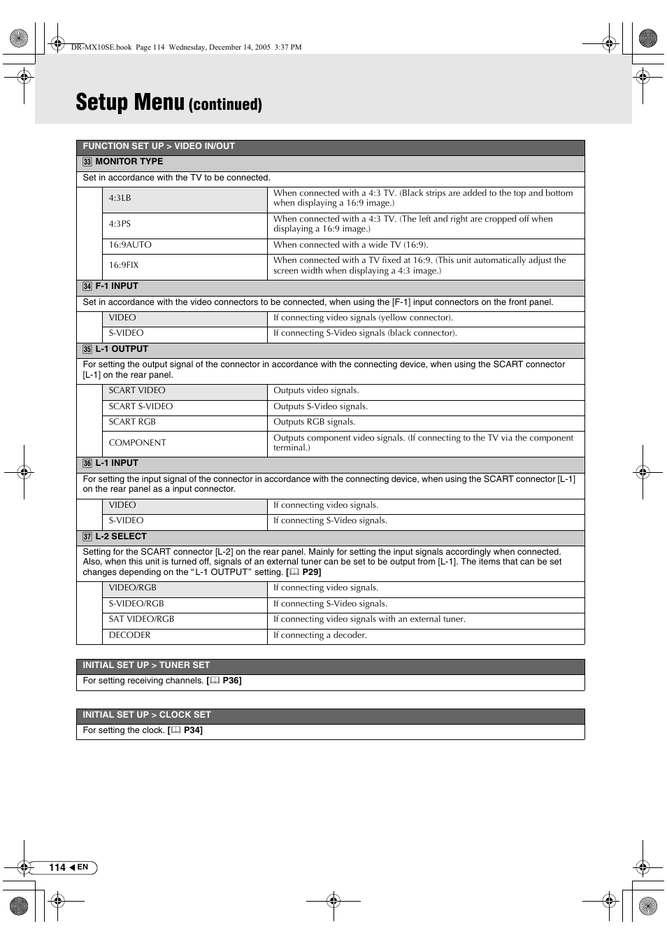 Setup menu, Continued) | JVC DR-MX10SEK User Manual | Page 114 / 128