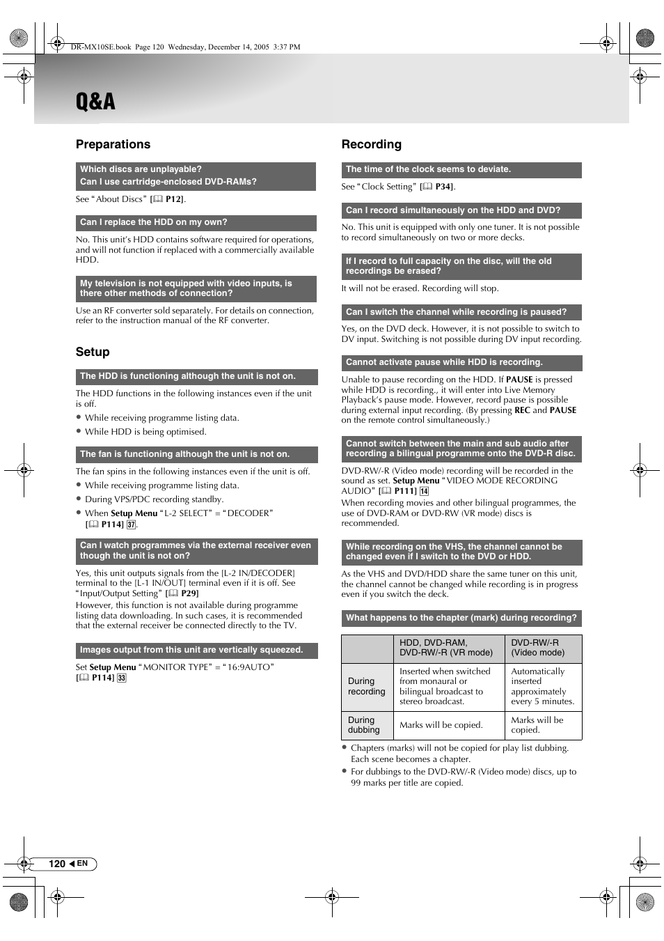 Troubleshooting/appendix, Preparations, Setup | Recording | JVC DR-MX10SEK User Manual | Page 120 / 128