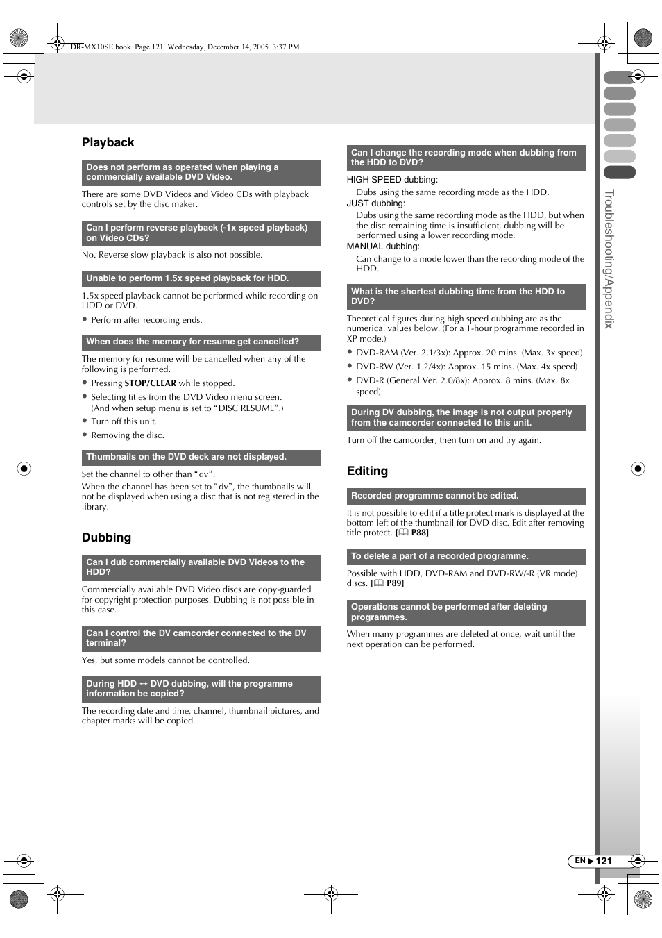 Trou b lesh ootin g/append ix, Playback, Dubbing | Editing | JVC DR-MX10SEK User Manual | Page 121 / 128