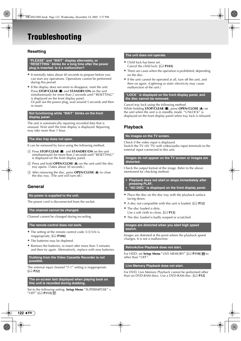 Troubleshooting, General, Playback | JVC DR-MX10SEK User Manual | Page 122 / 128