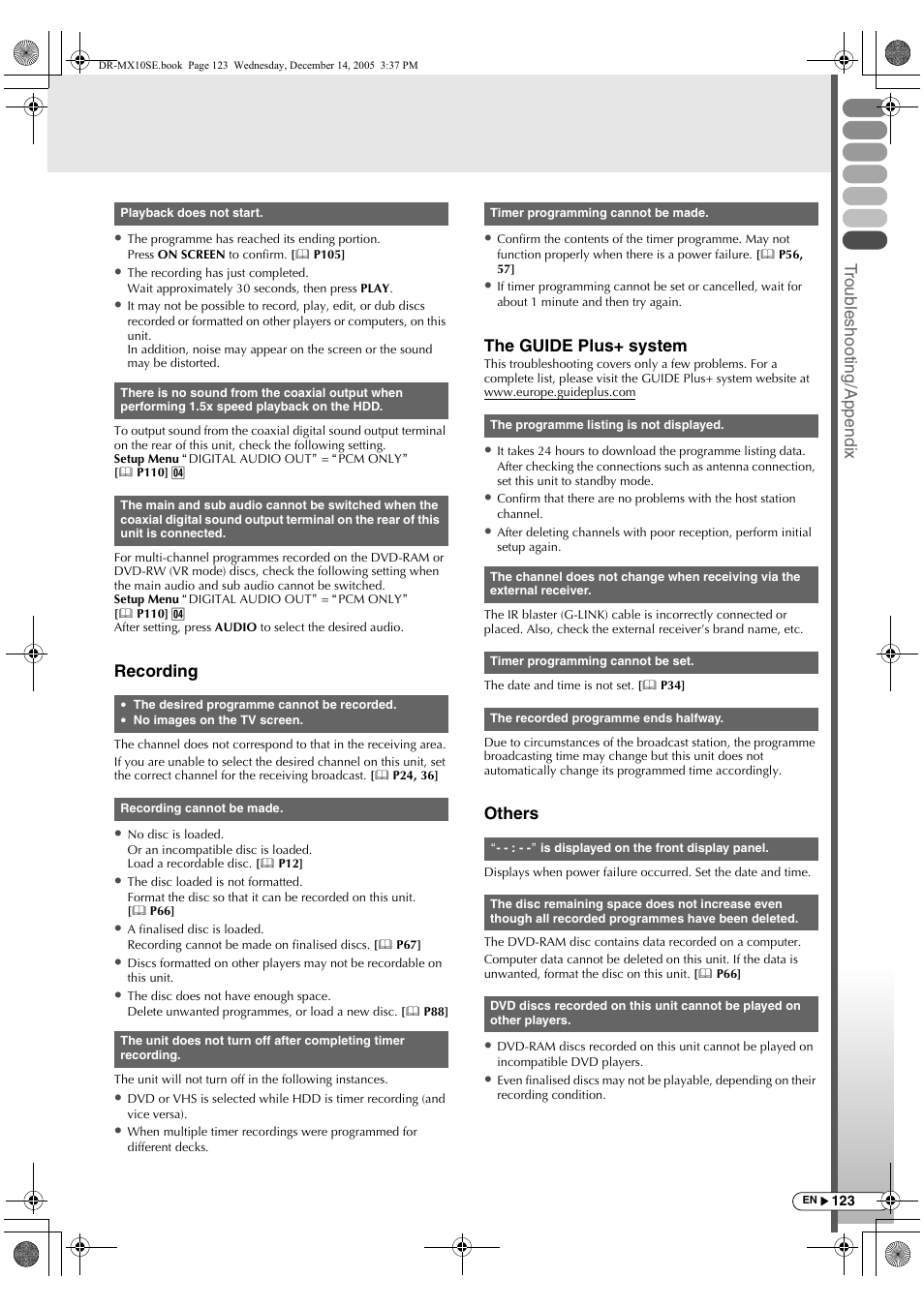 Trou b lesh ootin g/append ix, Recording, The guide plus+ system | Others | JVC DR-MX10SEK User Manual | Page 123 / 128