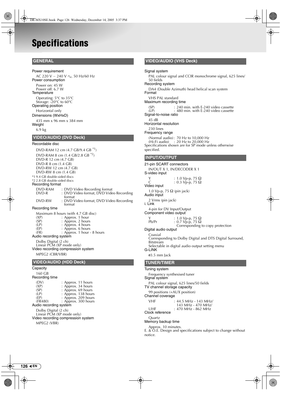 Specifications | JVC DR-MX10SEK User Manual | Page 126 / 128