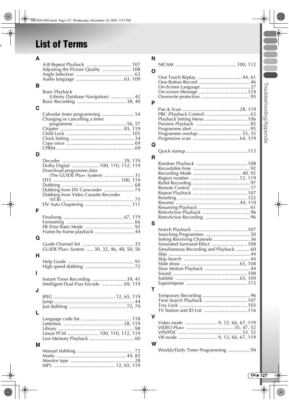List of terms | JVC DR-MX10SEK User Manual | Page 127 / 128