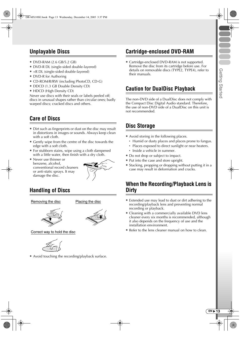 Unplayable discs, Care of discs, Handling of discs | Cartridge-enclosed dvd-ram, Caution for dualdisc playback, Disc storage, When the recording/playback lens is dirty | JVC DR-MX10SEK User Manual | Page 13 / 128