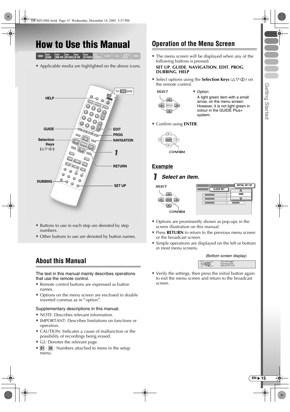 How to use this manual, About this manual, Operation of the menu screen | About this manual operation of the menu screen, Abcdef ghilm | JVC DR-MX10SEK User Manual | Page 15 / 128