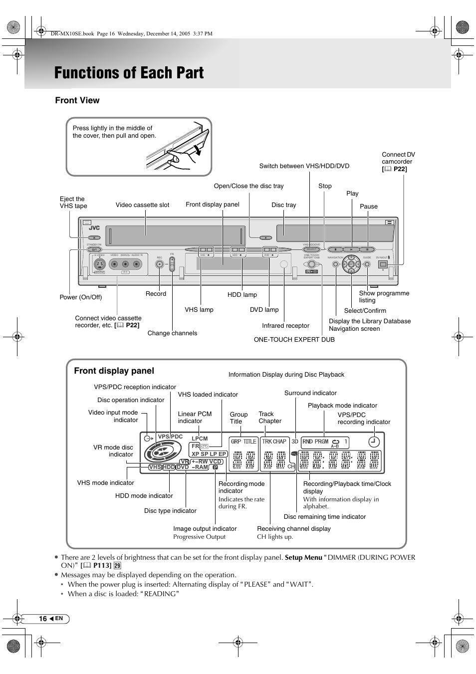 Functions of each part, Front view front display panel | JVC DR-MX10SEK User Manual | Page 16 / 128