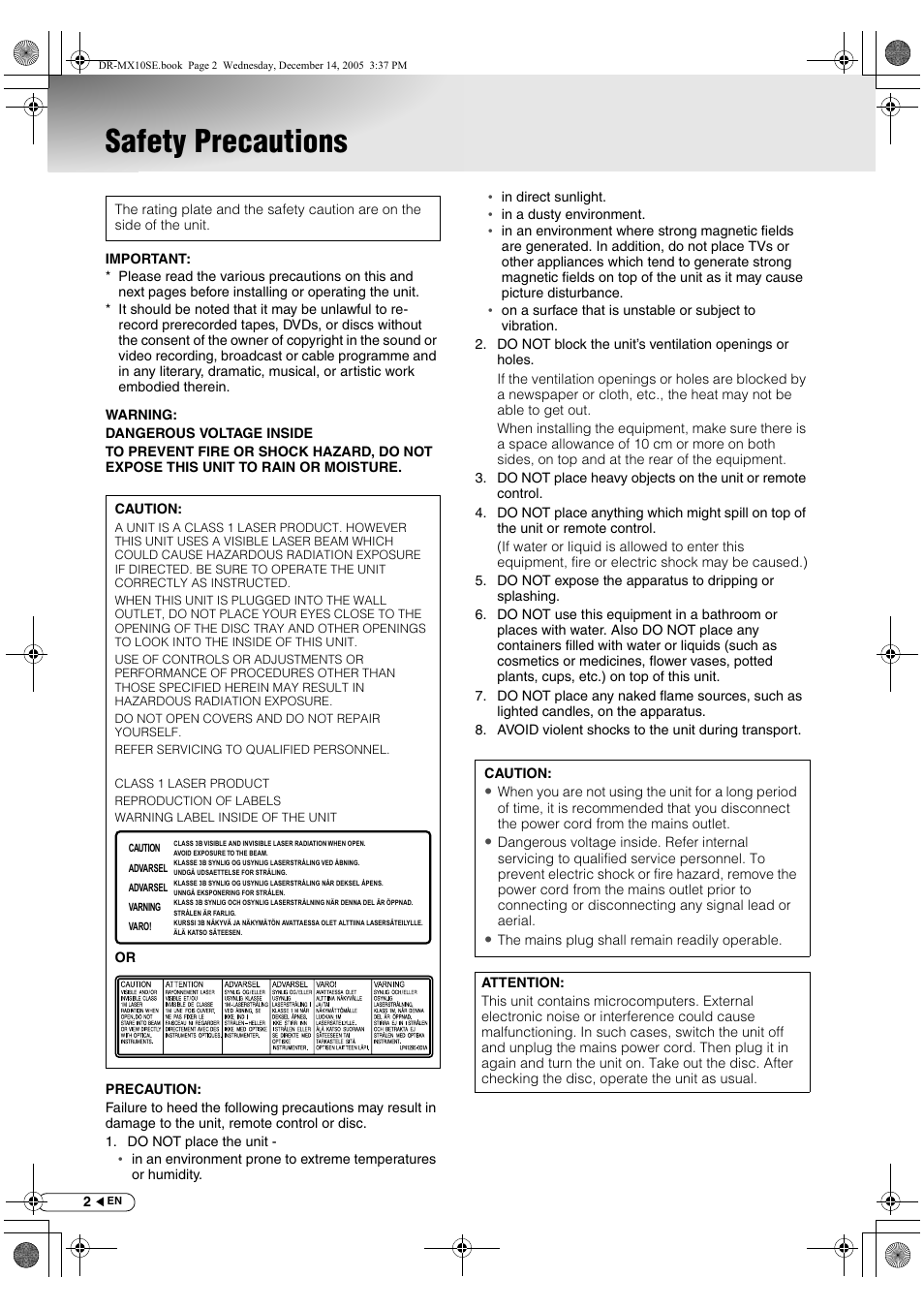Getting started, Safety precautions | JVC DR-MX10SEK User Manual | Page 2 / 128