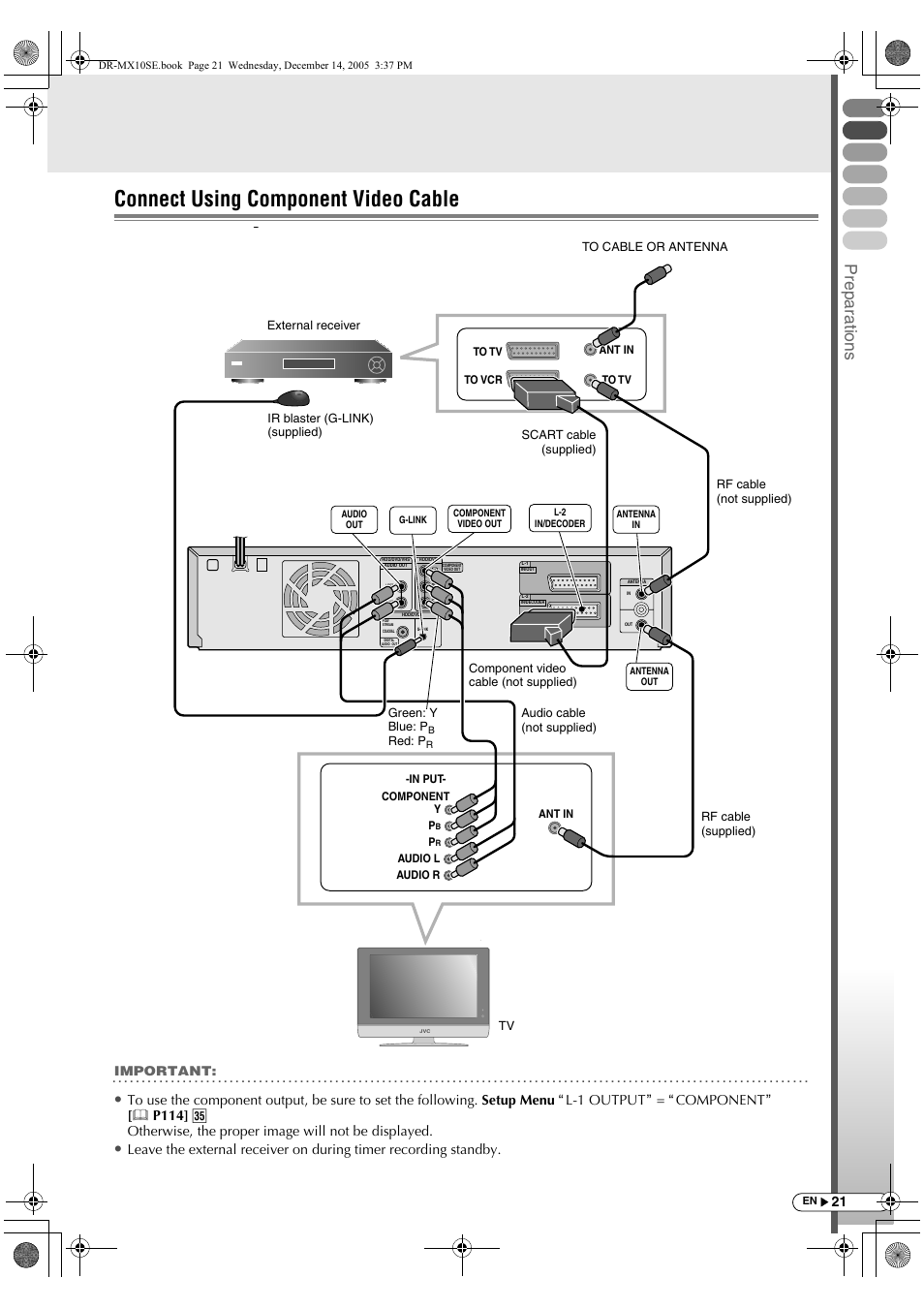 Connect using component video cable, Prepar a tions | JVC DR-MX10SEK User Manual | Page 21 / 128