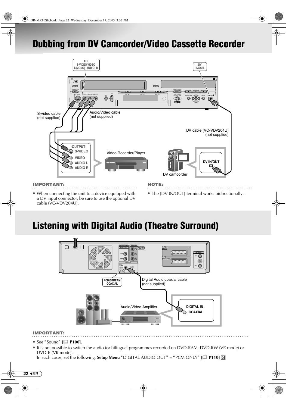 Dubbing from dv camcorder/video cassette recorder, Listening with digital audio (theatre surround), Dubbing from dv camcorder | Video cassette recorder, The [dv in/out] terminal works bidirectionally, See asoundb [ p100, Important, Dv in/out, Coaxial digital in | JVC DR-MX10SEK User Manual | Page 22 / 128