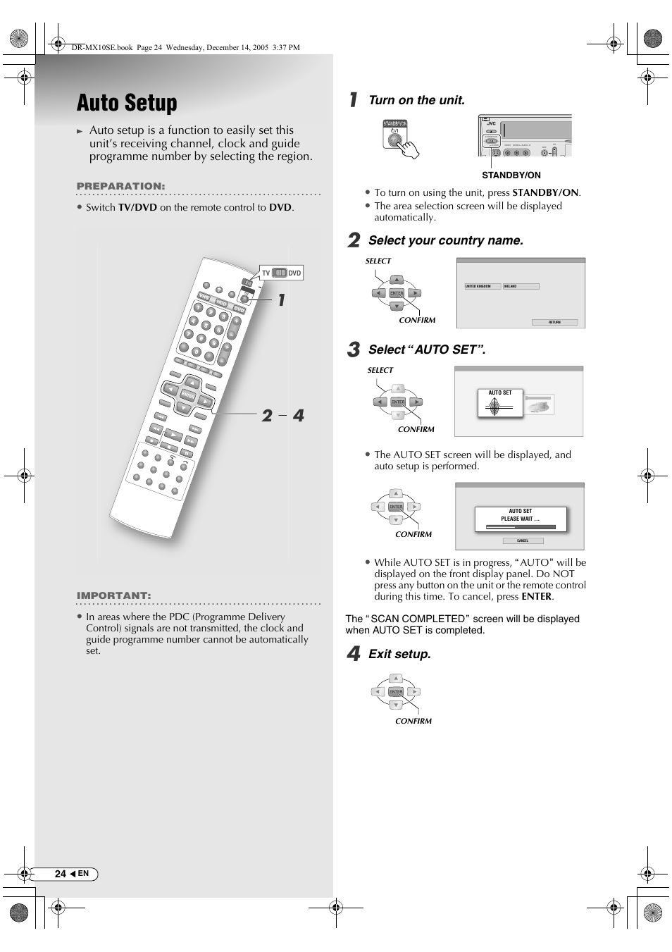 Auto setup, B- d a, Turn on the unit | Select your country name, Select “auto set, Exit setup | JVC DR-MX10SEK User Manual | Page 24 / 128