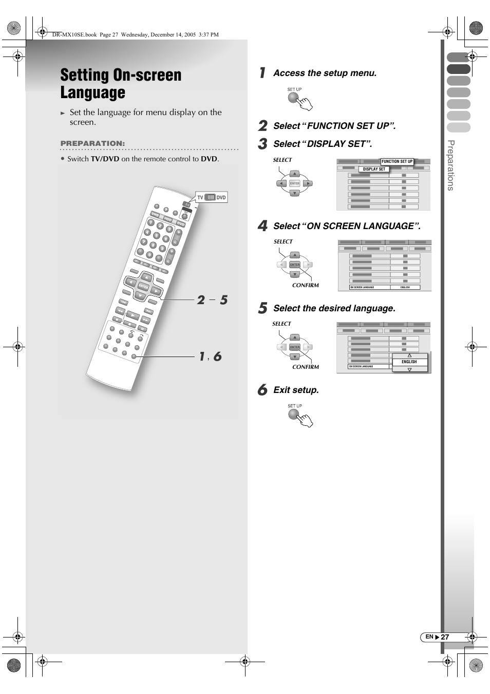 Setting on-screen language, A, f b - e | JVC DR-MX10SEK User Manual | Page 27 / 128