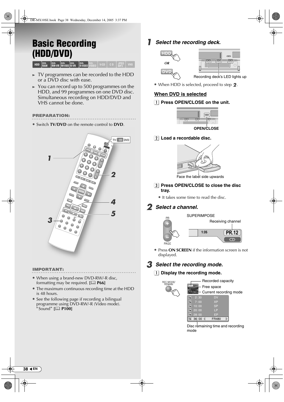 Basic operations, Basic recording (hdd/dvd), Abcdef ghilm | Ac b d e, Pr.12 | JVC DR-MX10SEK User Manual | Page 38 / 128