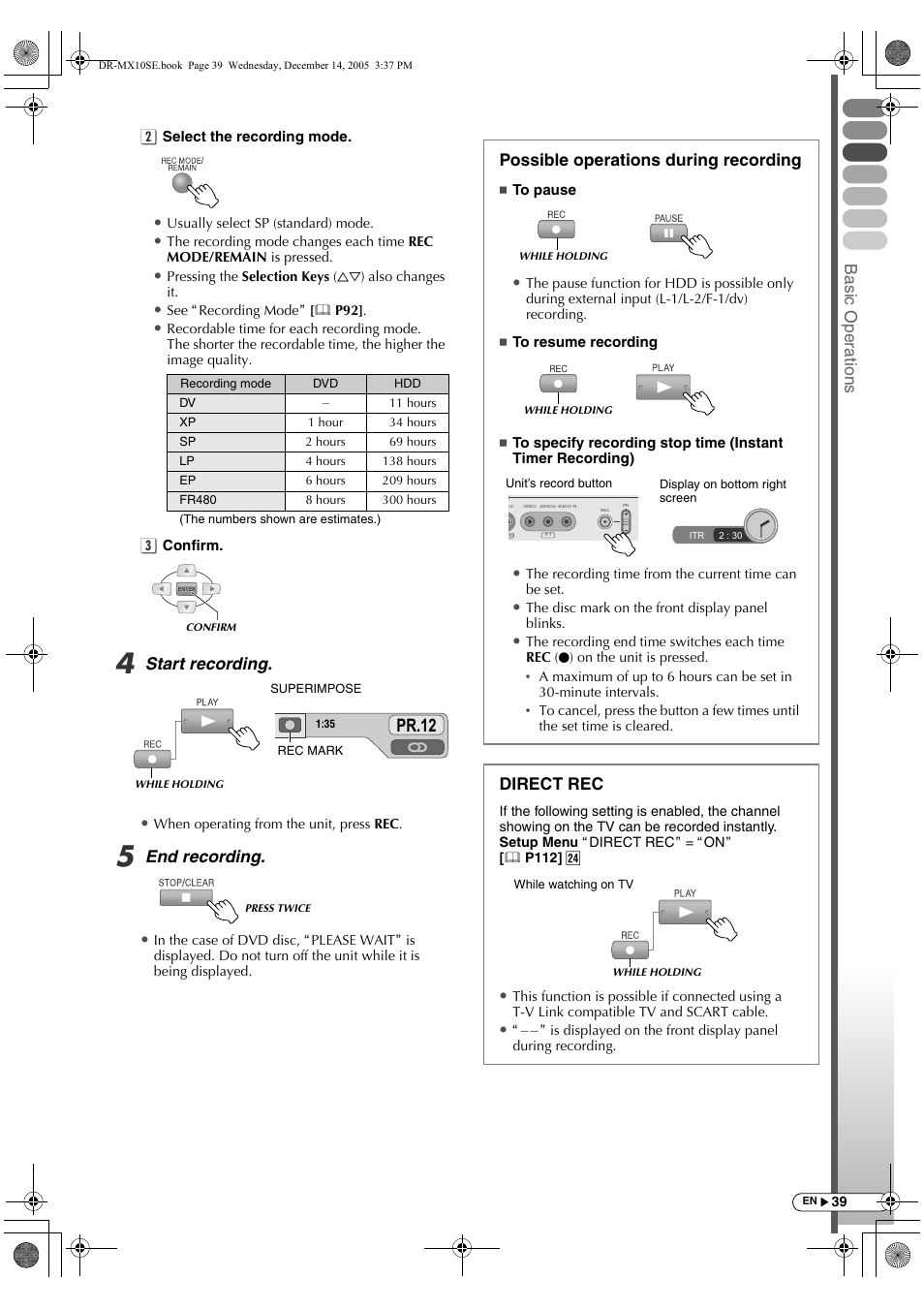 Pr.12, Basic oper ations, Start recording | End recording, Possible operations during recording, Direct rec | JVC DR-MX10SEK User Manual | Page 39 / 128