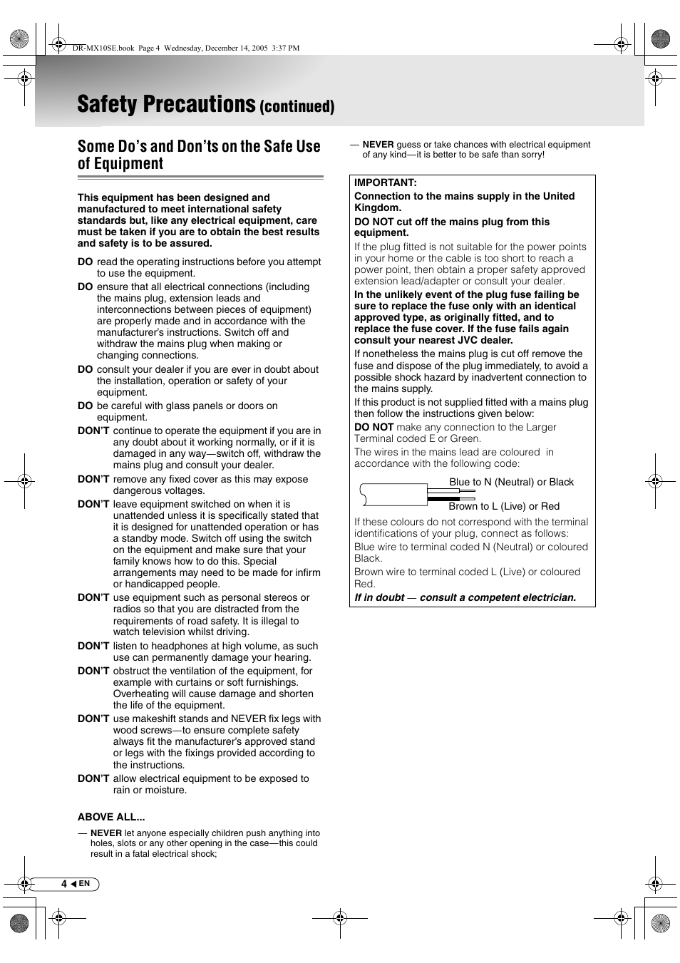 Some do’s and don’ts on the safe use of equipment, Safety precautions | JVC DR-MX10SEK User Manual | Page 4 / 128