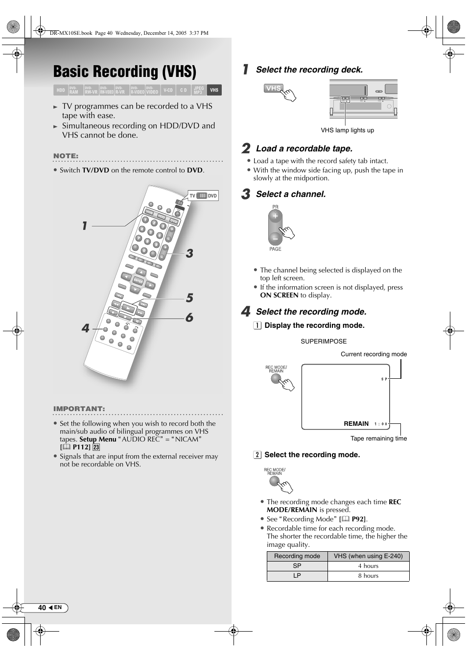 Basic recording (vhs), Abcdefghil m, Ad c e f | JVC DR-MX10SEK User Manual | Page 40 / 128